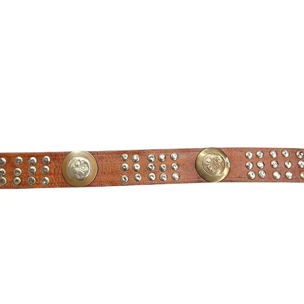 Vintage Brown Leather Studded Concho Belt Four Leaf Clover Silver Tone Boho